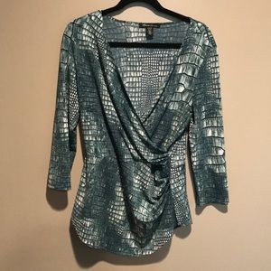 Green Long Sleeve Snakeskin Cross Front Top